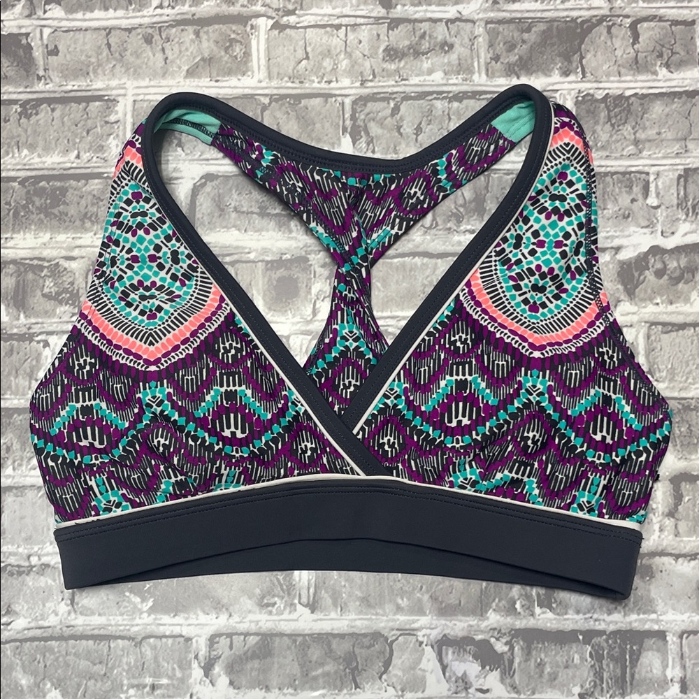 Athleta Printed Racerback Sports Bra in Purple, Teal, Pink